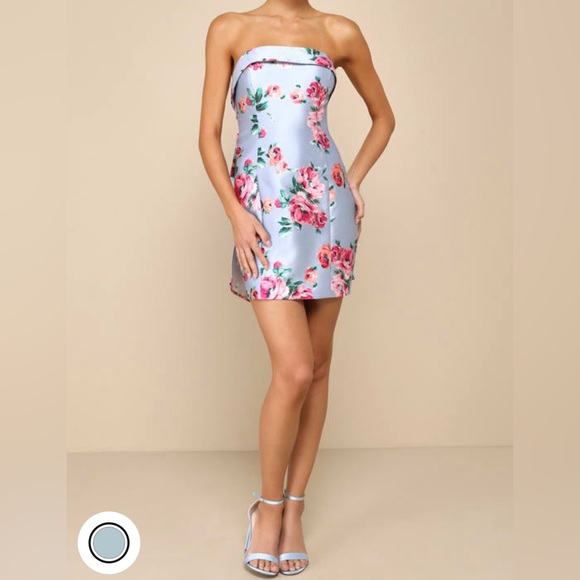 💕NWT💕Lulu’s, Light Blue Floral Taffeta Strapless Bow Mini Dress.Sizes: Various - Picture 3 of 4